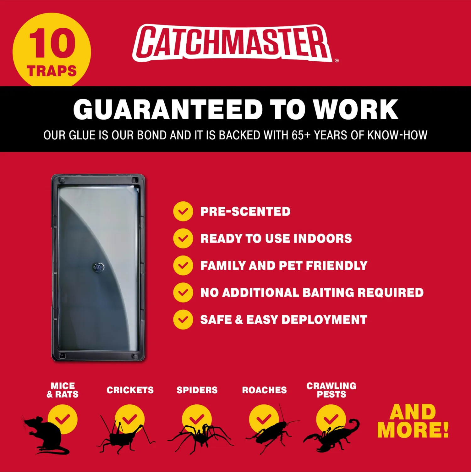 Catchmaster Rat, Snake and Mouse Traps 10Pk, Large Bulk Glue Rat Traps for Home, Pre-Scented Adhesive Plastic Tray for Inside House, Snake, Mice, & Spider Catcher, Pet Safe Pest Control