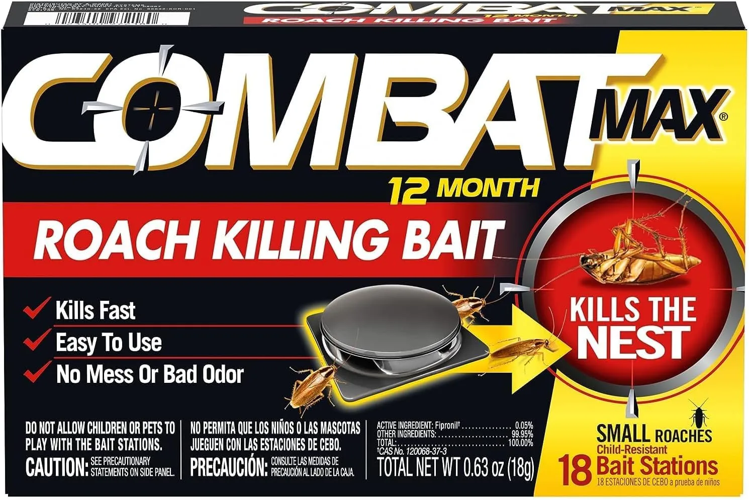 Combat Max 12 Month Roach Killing Bait, Small Roach Bait Station, Child-Resistant, 18 Count