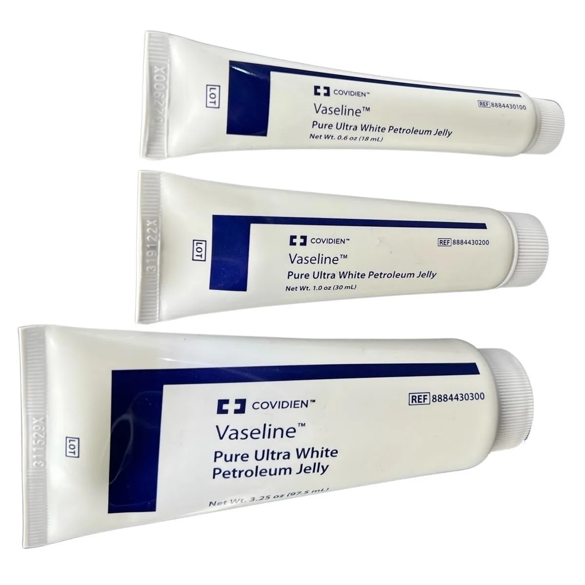 Vaseline Pure Ultra White Petroleum Jelly 3-Piece Variety Sizes 3.25 oz, 1 oz, 0.6 oz Bundle Pack