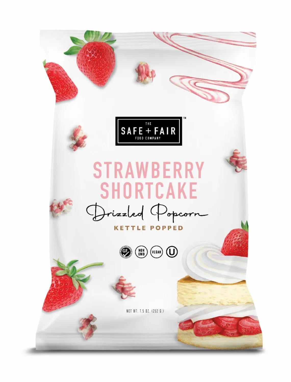 Safe + Fair Food Company Plant-Based Gourmet Strawberry Flavored Popcorn - Strawberry Shortcake Drizzled Kettle Corn Popcorn - Non-GMO + Gluten-Free Snacks,5.5oz