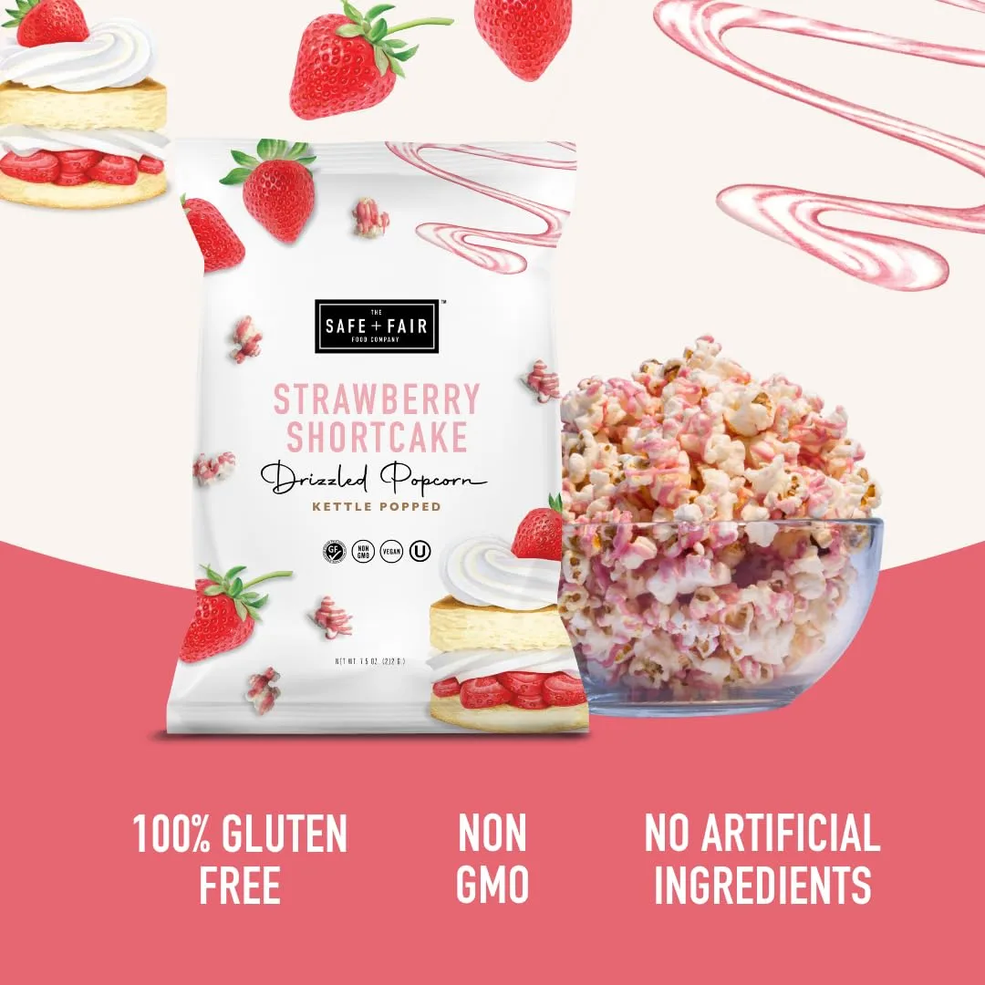 Safe + Fair Food Company Plant-Based Gourmet Strawberry Flavored Popcorn - Strawberry Shortcake Drizzled Kettle Corn Popcorn - Non-GMO + Gluten-Free Snacks,5.5oz