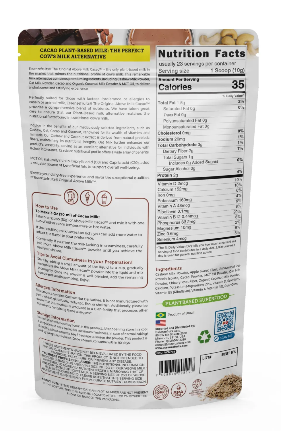 Essenzefruits Cocoa Powder Mix & Creamer Drink, 8 oz (226 g) | Non-GMO Vegan Milk Powder - 100% Nutritional Match to Cow's Milk