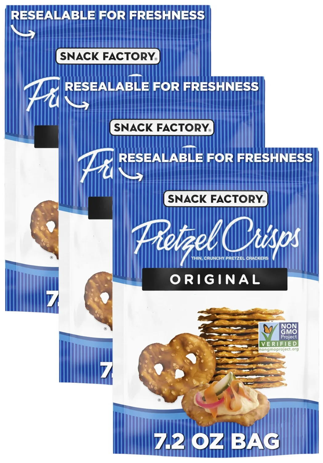 Snack Factory Original Pretzel Crisps, Non-GMO, 7.2 oz Resealable Bag (Pack of 3)