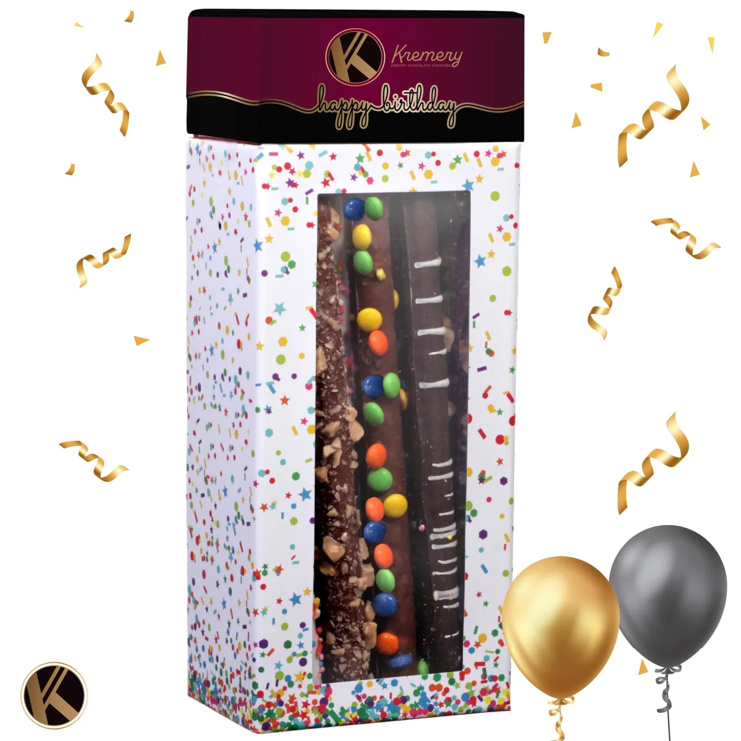 KREMERY Creamy Chocolate Cravings - Birthday Treats, Chocolate Covered Pretzel Rods Gift Basket, in Confetti Tower + Greeting Card (10 Pretzels, Assorted Sweet Toppings) Kosher Dairy, USA Made