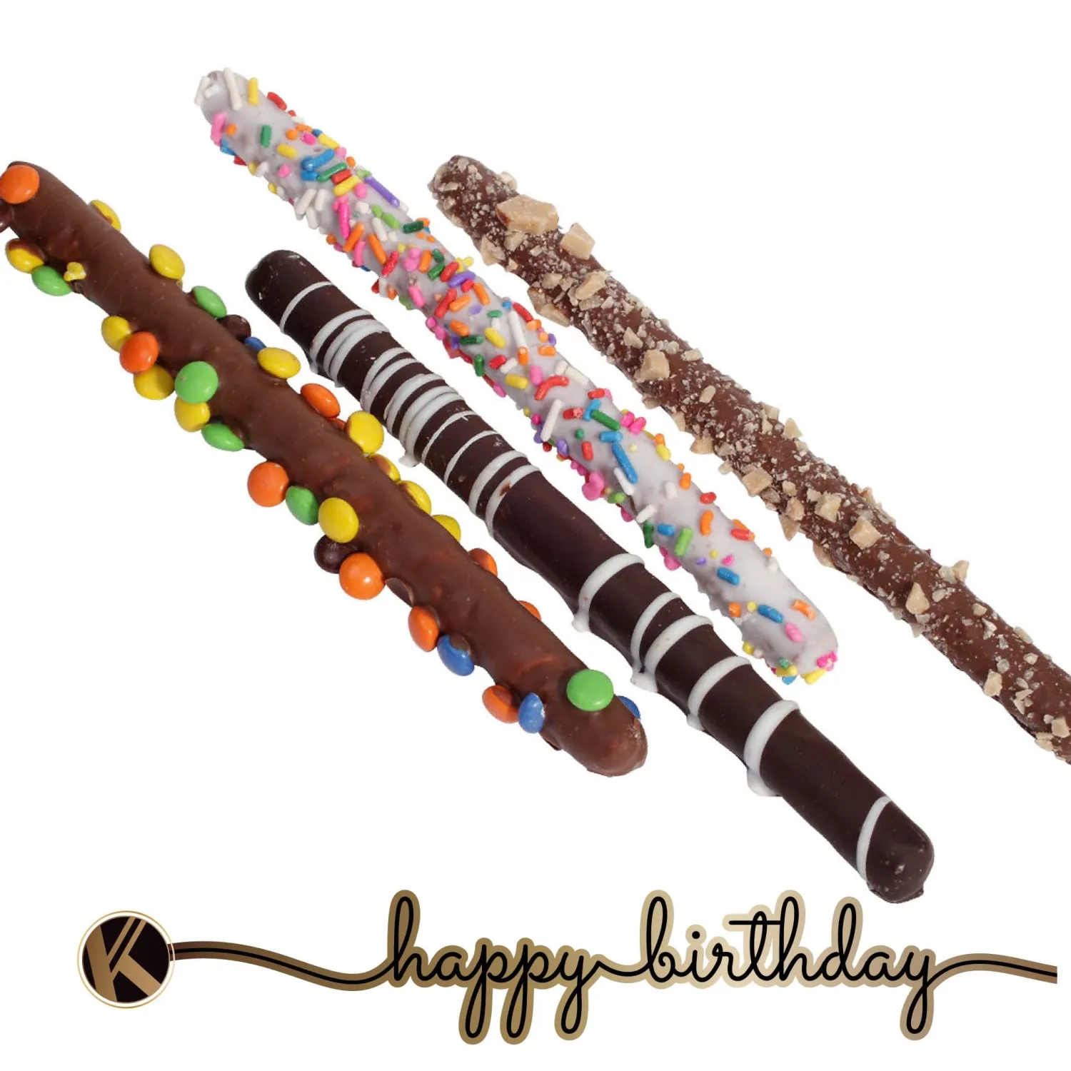 KREMERY Creamy Chocolate Cravings - Birthday Treats, Chocolate Covered Pretzel Rods Gift Basket, in Confetti Tower + Greeting Card (10 Pretzels, Assorted Sweet Toppings) Kosher Dairy, USA Made