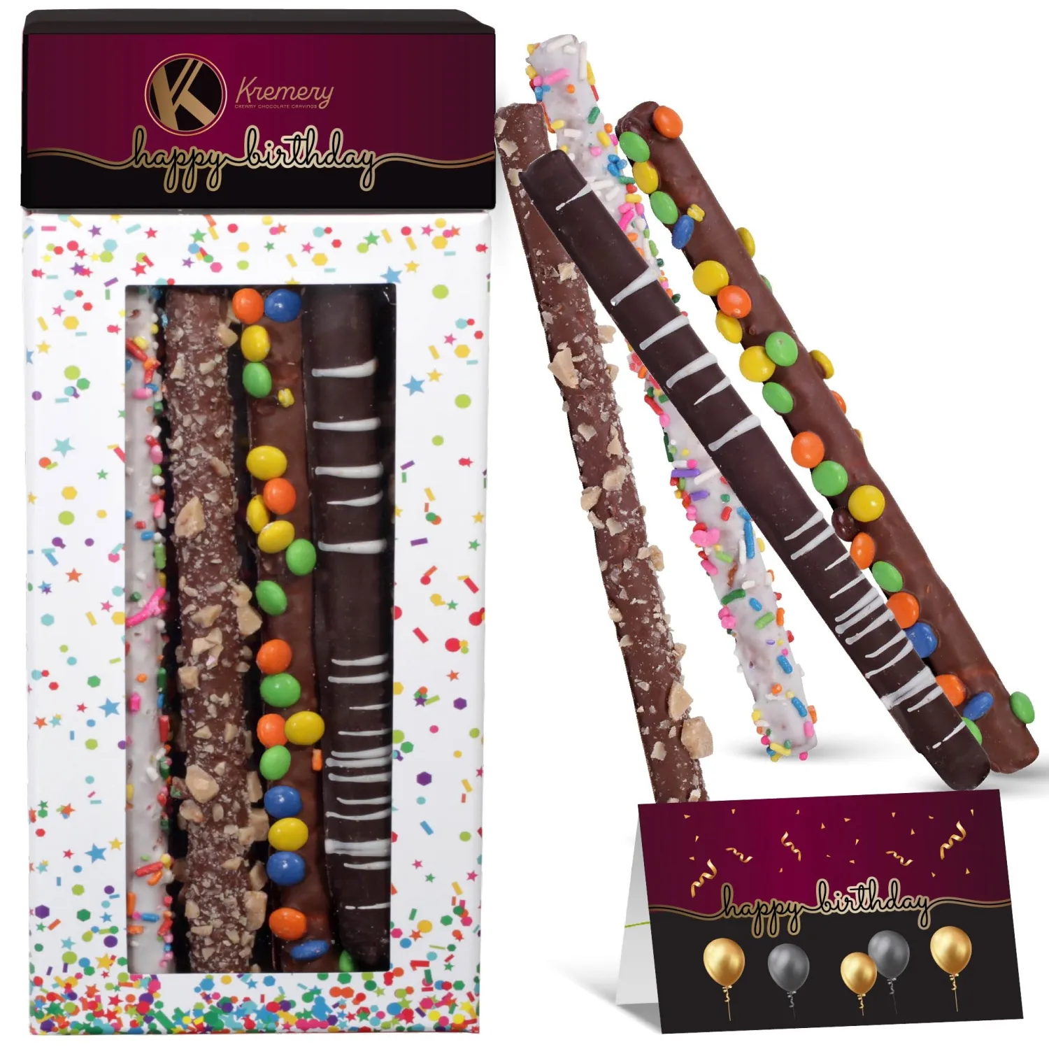 KREMERY Creamy Chocolate Cravings - Birthday Treats, Chocolate Covered Pretzel Rods Gift Basket, in Confetti Tower + Greeting Card (10 Pretzels, Assorted Sweet Toppings) Kosher Dairy, USA Made