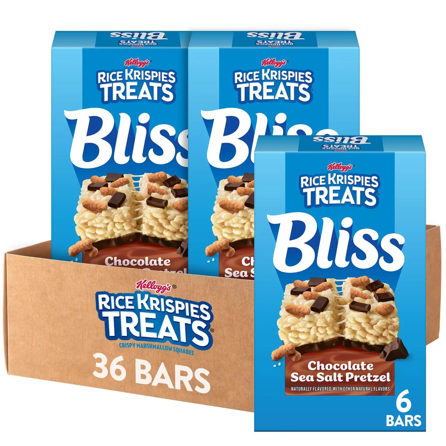 Rice Krispies Treats Bliss Crispy Marshmallow Squares, Snack Bars, Chocolate Sea Salt Pretzel (6 Boxes, 36 Bars)
