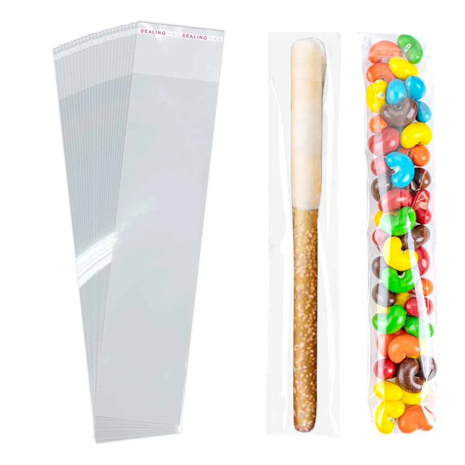 SUREHOME Pretzel Rod Bags 100 Pcs 2x8 Inch Pretzel Bags Adhesive Pretzels Individual Bags Clear Resealable Self Sealing Cellophane Bags for Chocolate Covered Pretzels Stick Bags Candy Treats Packaging