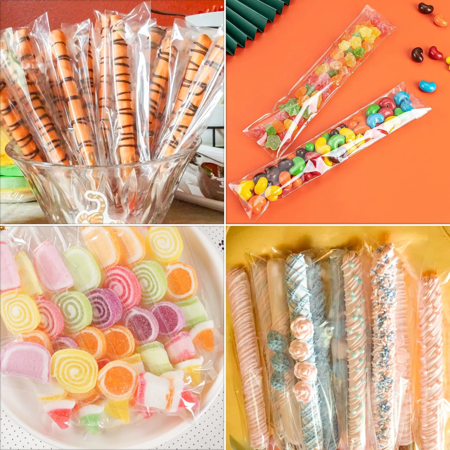 SUREHOME Pretzel Rod Bags 100 Pcs 2x8 Inch Pretzel Bags Adhesive Pretzels Individual Bags Clear Resealable Self Sealing Cellophane Bags for Chocolate Covered Pretzels Stick Bags Candy Treats Packaging