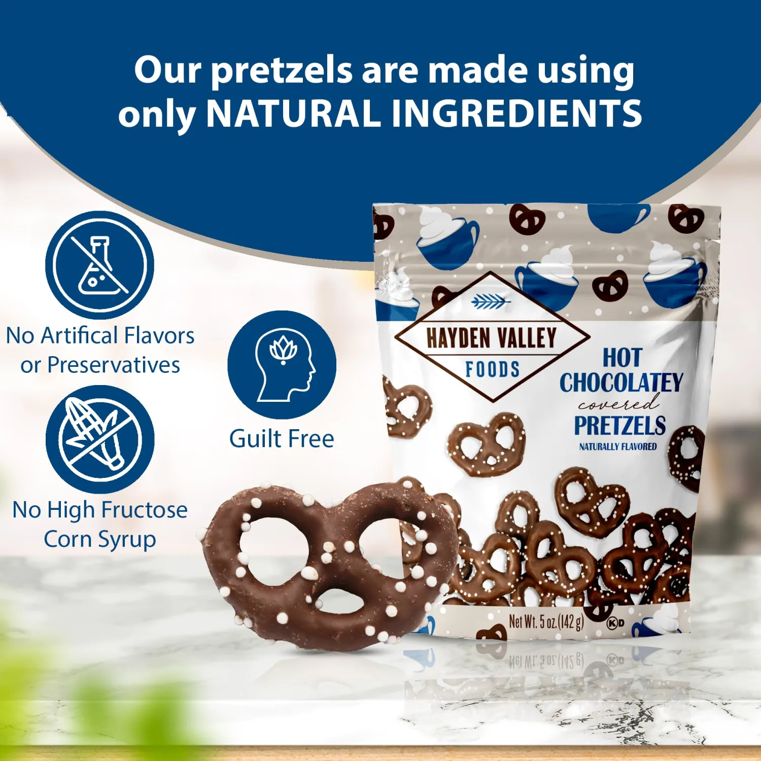 Hayden Valley Foods Hot Chocolatey Covered Pretzels | 5 oz Resealable Bag | Gourmet Flavored Pretzels