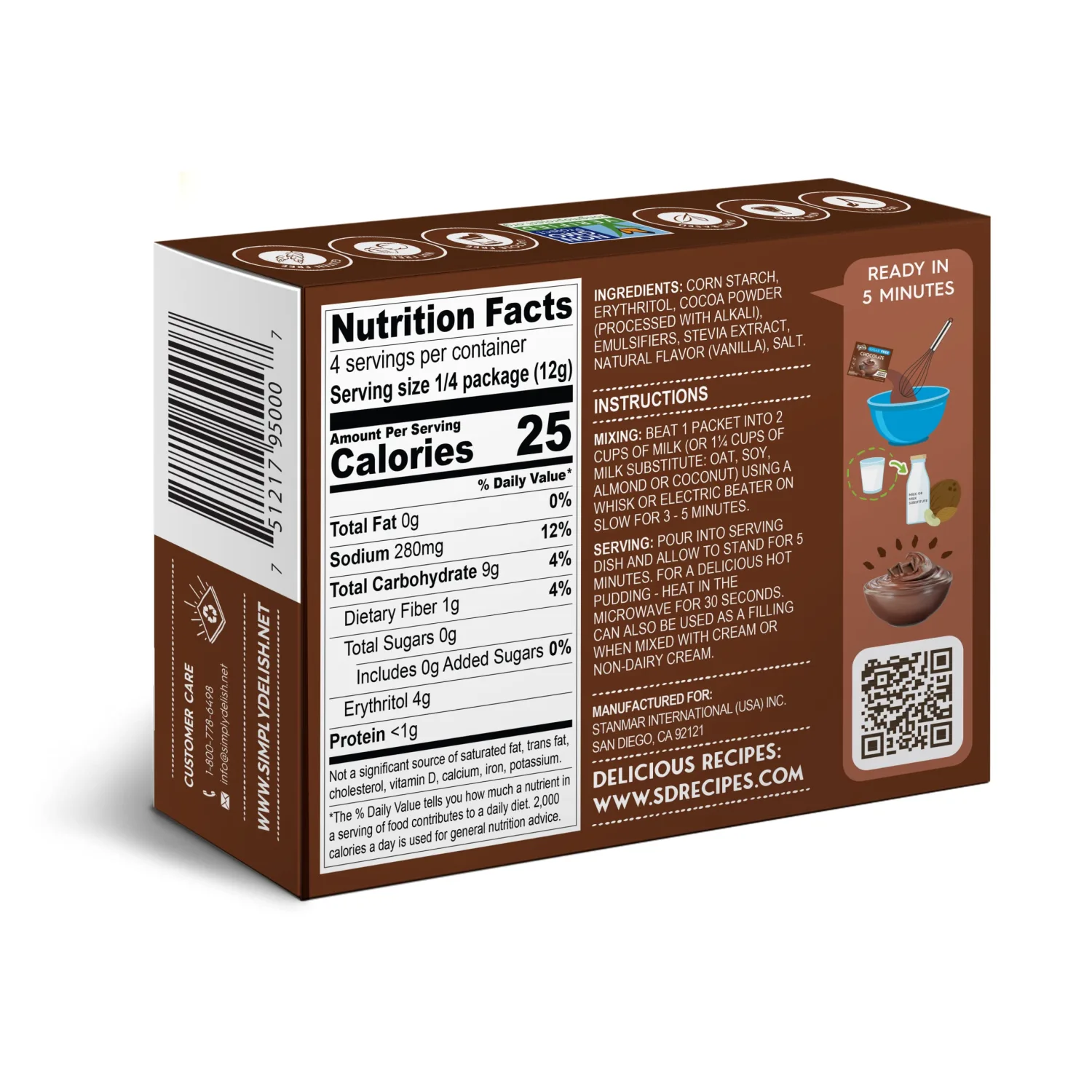 Simply Delish Natural Instant Chocolate Pudding - Sugar Free, Non GMO, Gluten Free, Fat Free, Vegan, Keto Friendly - 1.7 OZ (Pack of 1)