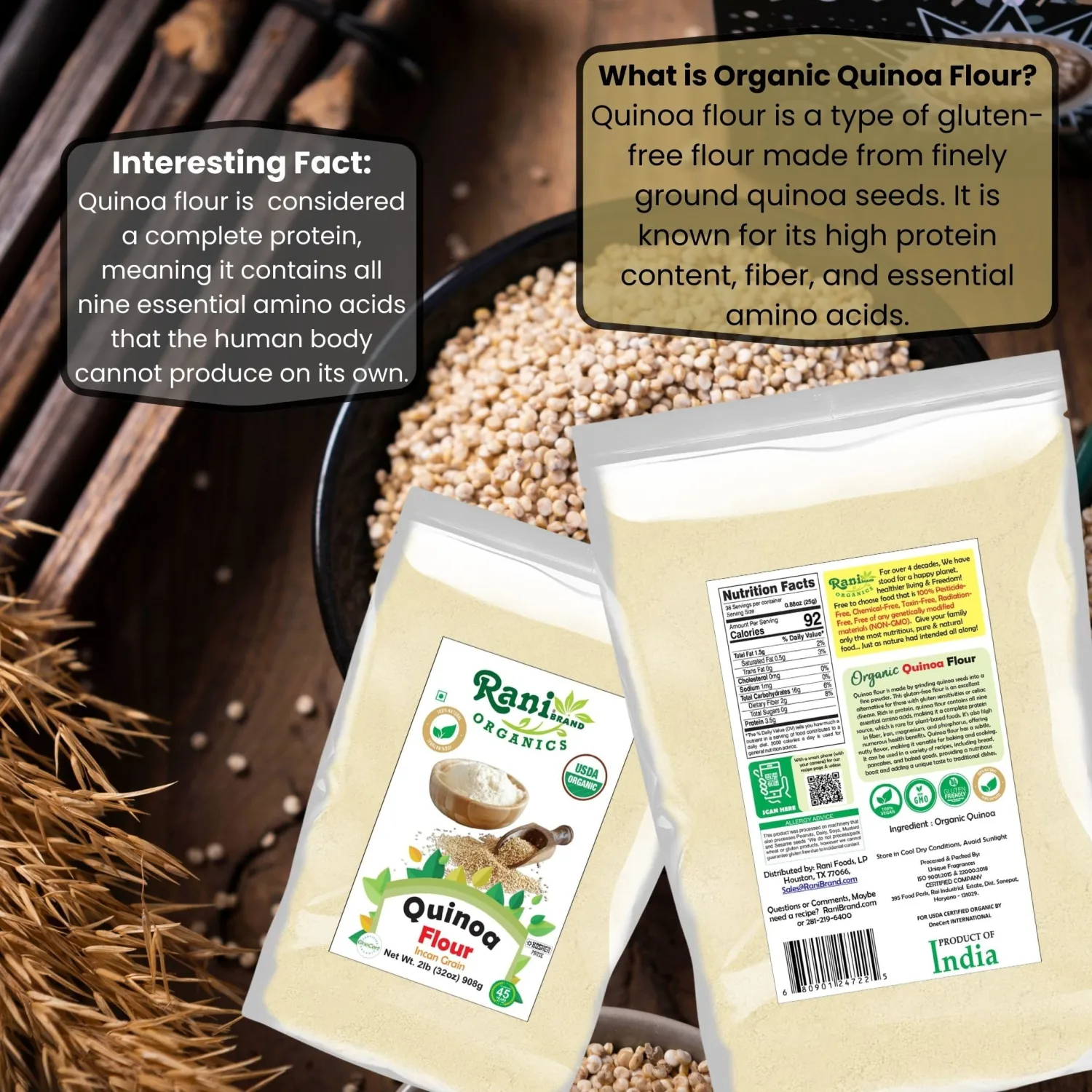 Rani Organic Quinoa Flour (Incan Grain) 32oz (2lbs) 908g ~ All Natural | Vegan | Gluten Friendly | NON-GMO | Kosher | Indian Origin | USDA Certified Organic