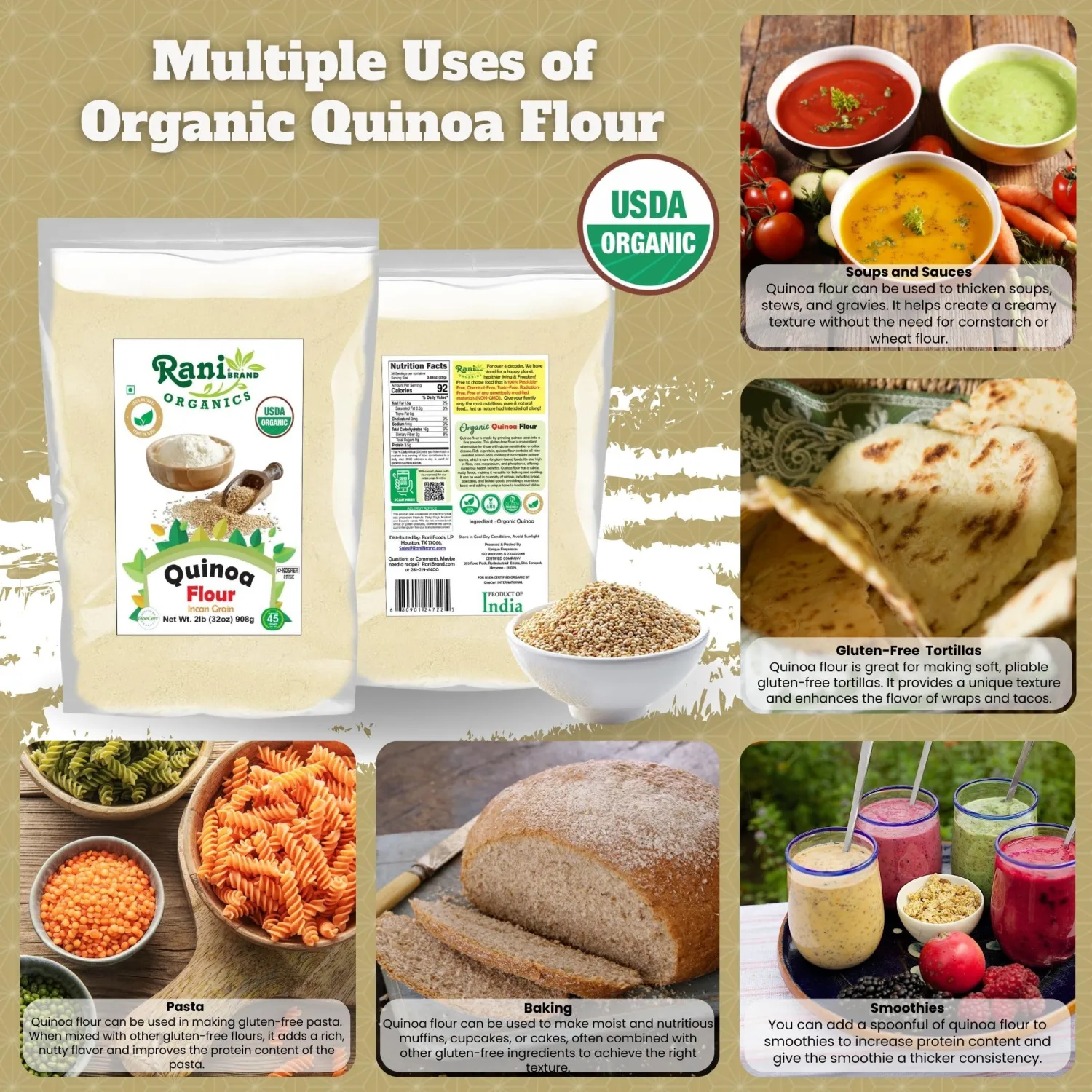 Rani Organic Quinoa Flour (Incan Grain) 32oz (2lbs) 908g ~ All Natural | Vegan | Gluten Friendly | NON-GMO | Kosher | Indian Origin | USDA Certified Organic