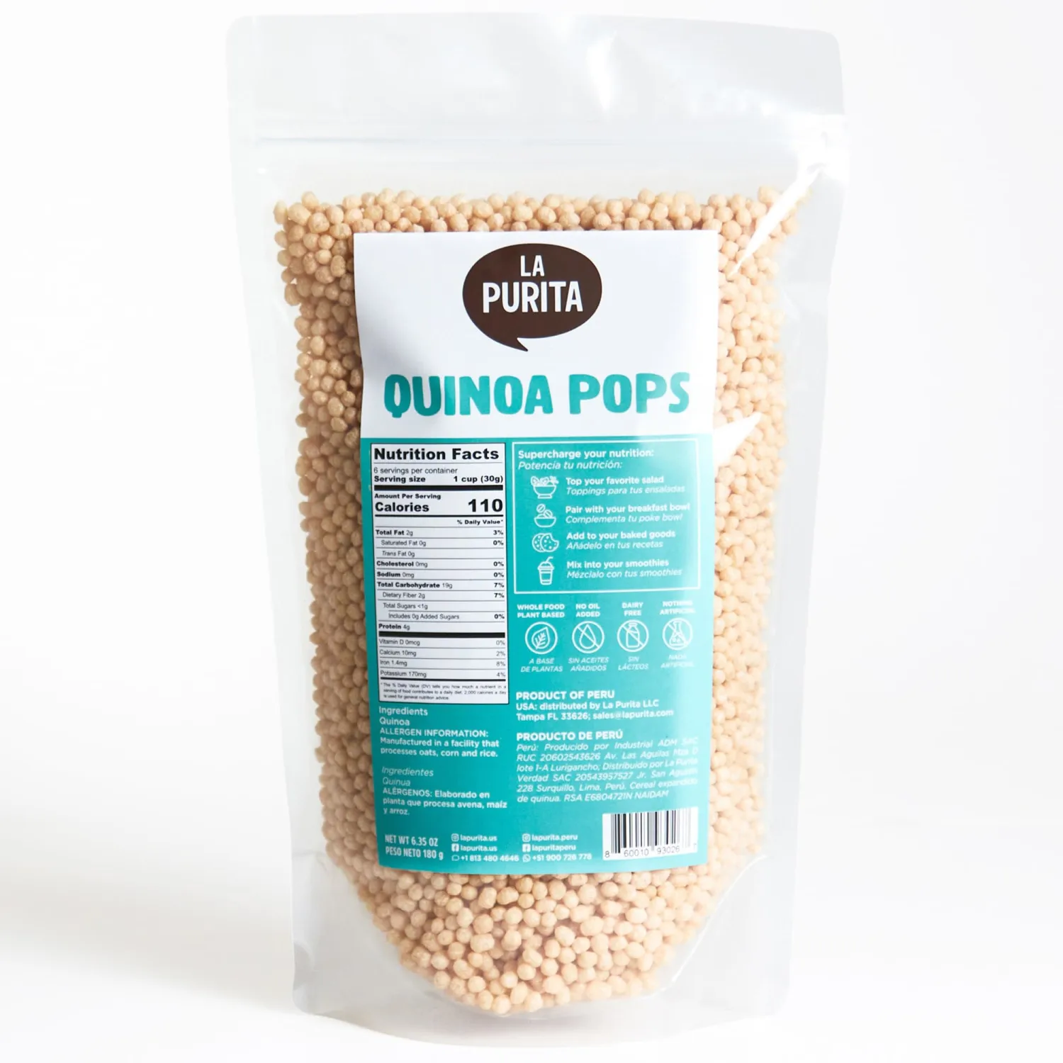 La Purita Quinoa Pops – Puffed Quinua Cereal, Gluten-Free, Vegan Superfood, 6.35 oz (6.35 Ounce (Pack of 1), Unflavored)