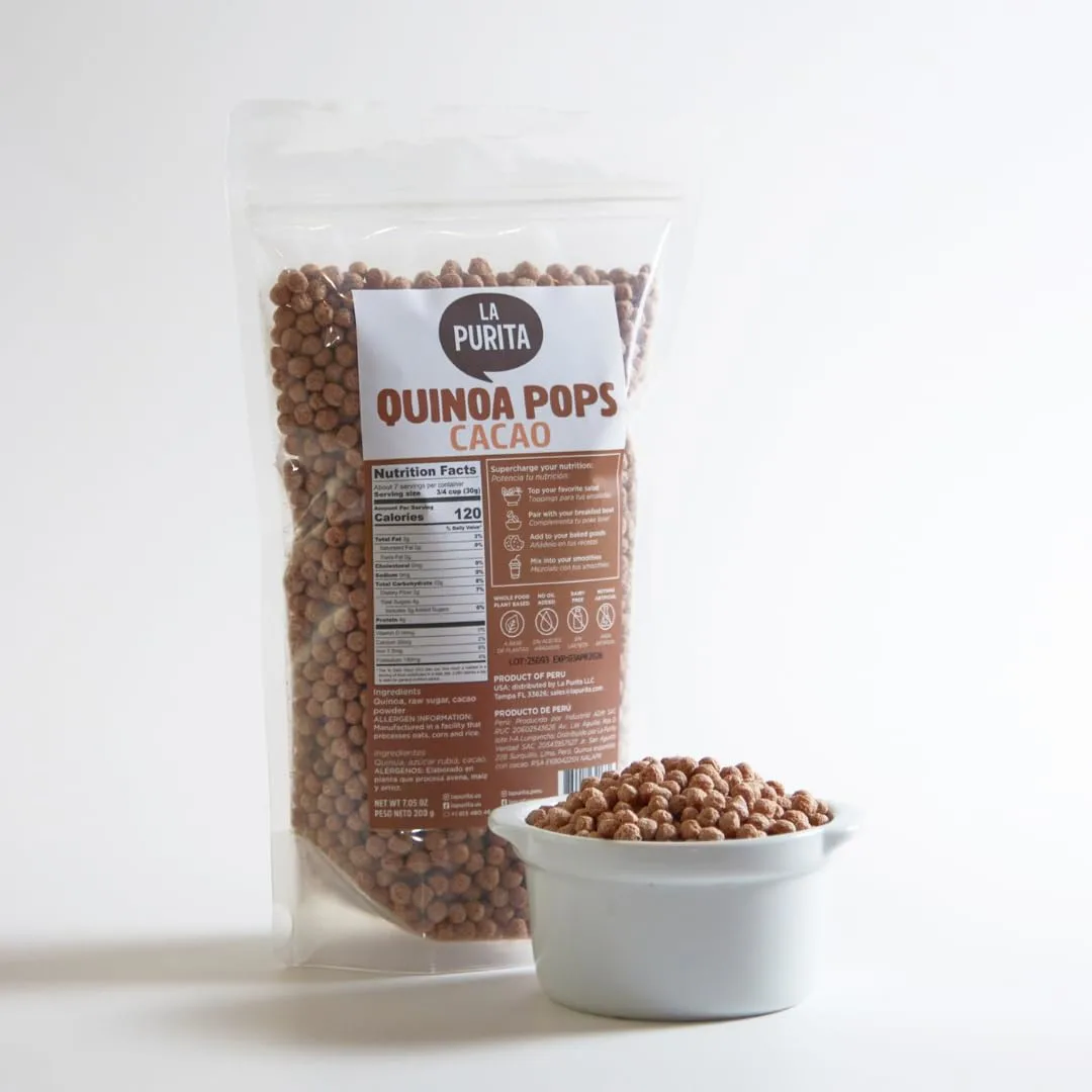 La Purita Quinoa Pops, Cacao – Puffed Quinoa Cereal, Gluten-Free, Vegan Superfood, 7 oz