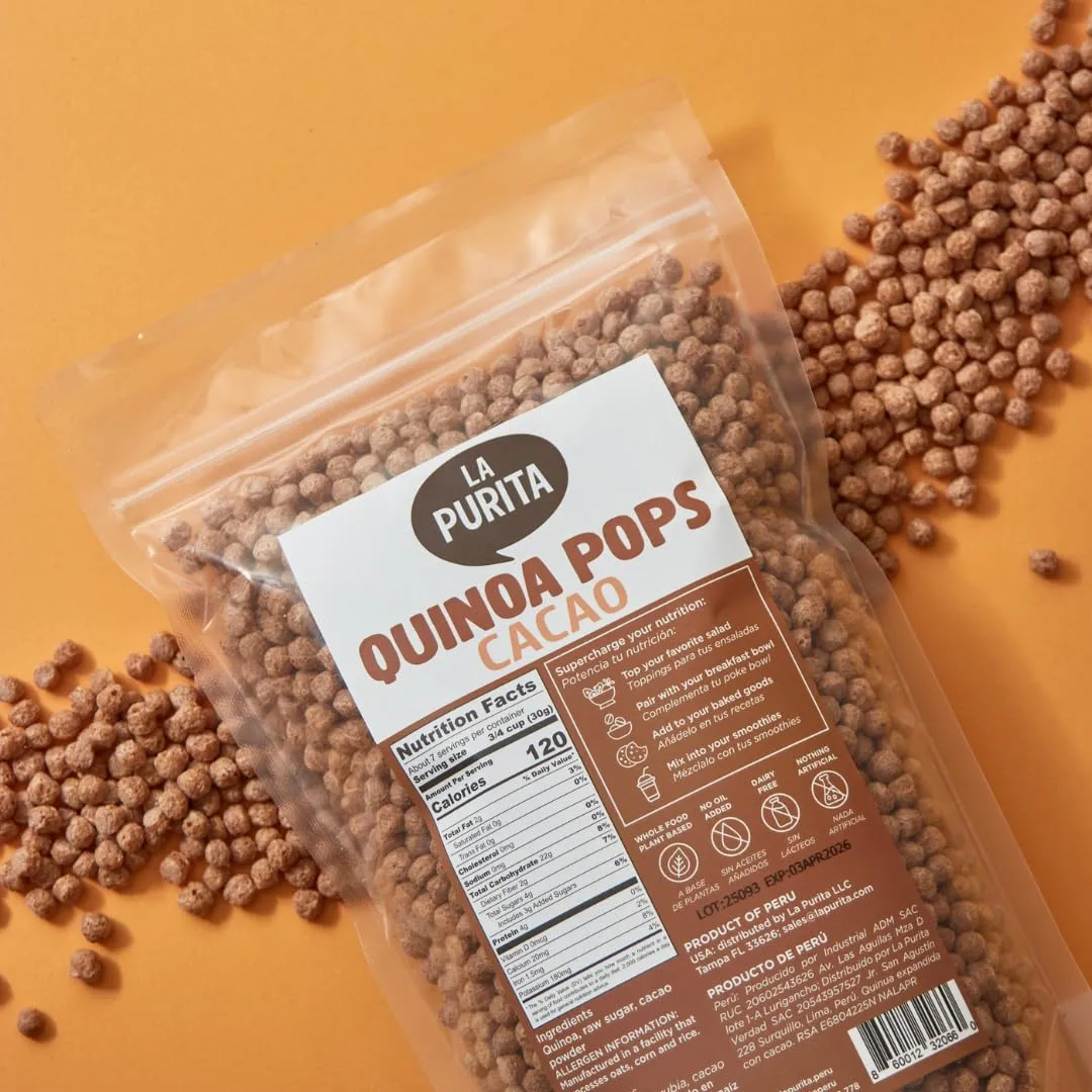 La Purita Quinoa Pops, Cacao – Puffed Quinoa Cereal, Gluten-Free, Vegan Superfood, 7 oz