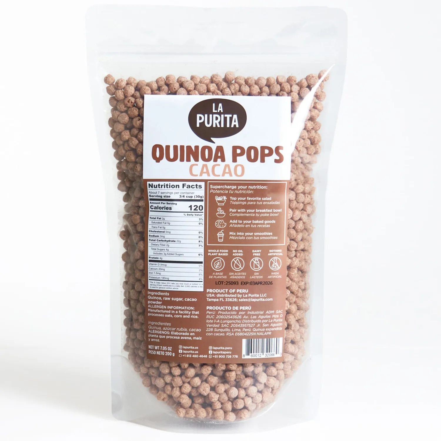 La Purita Quinoa Pops, Cacao – Puffed Quinoa Cereal, Gluten-Free, Vegan Superfood, 7 oz