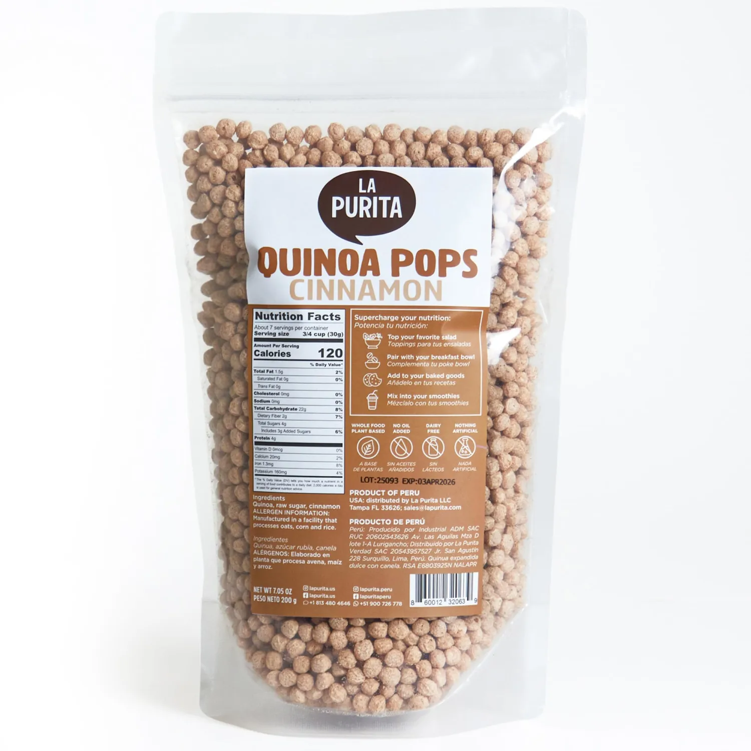 La Purita Quinoa Pops, Cinnamon – Puffed Quinoa Cereal, Gluten-Free, Vegan Superfood, 7 oz