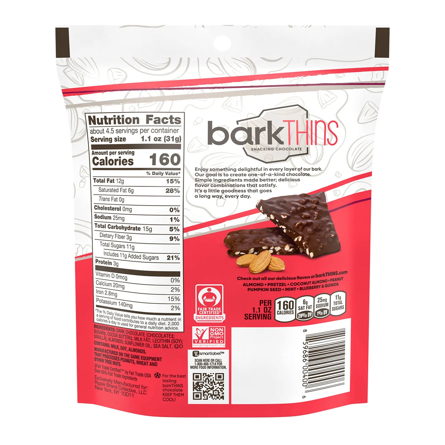 barkTHINS Dark Chocolate, Almond and Sea Salt Snacking Chocolate Bag, 4.7 oz