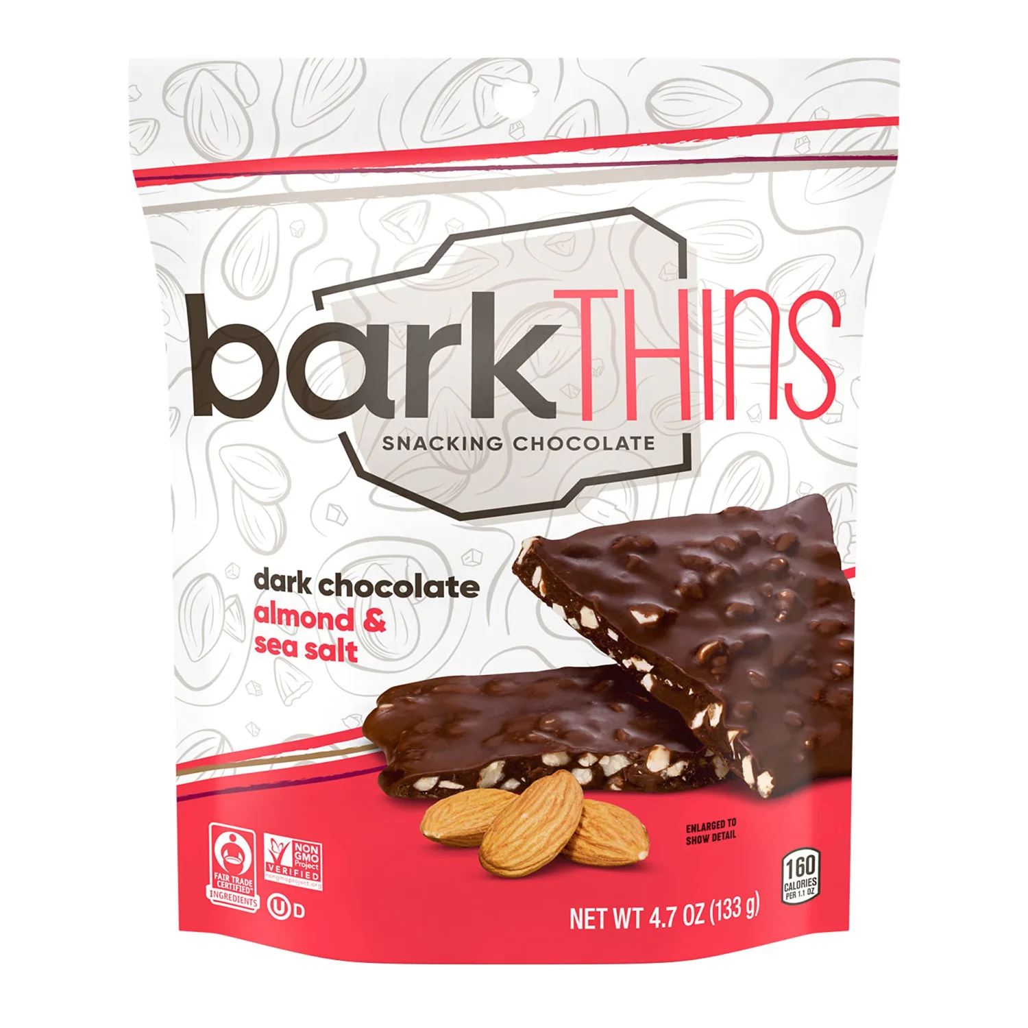 barkTHINS Dark Chocolate, Almond and Sea Salt Snacking Chocolate Bag, 4.7 oz
