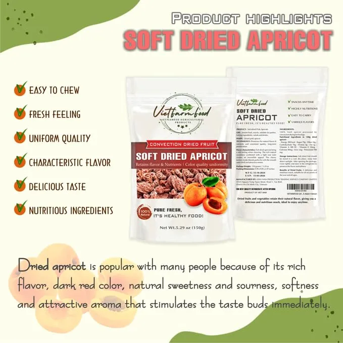 SOFT DRIED APRICOT 5.29oz (150g) VIETFARMFOOD: Sweet and cool taste, characteristic fatty taste. Soft texture inside with crispy outer shell. A delicious, nutritious snack, suitable for all ages.