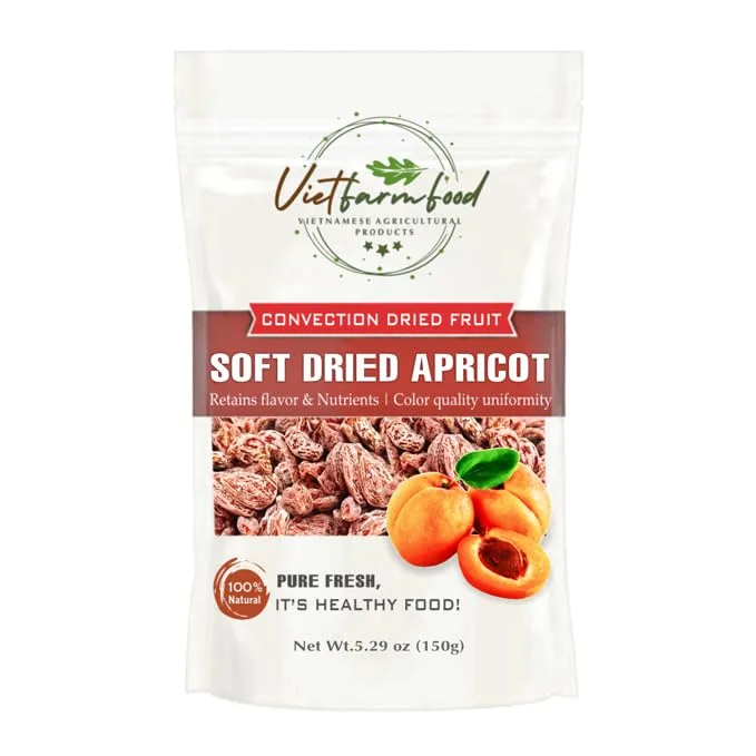 SOFT DRIED APRICOT 5.29oz (150g) VIETFARMFOOD: Sweet and cool taste, characteristic fatty taste. Soft texture inside with crispy outer shell. A delicious, nutritious snack, suitable for all ages.