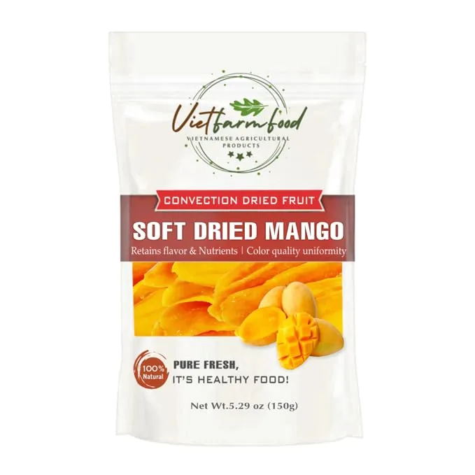 SOFT DRIED MANGO 5.29oz (150g) VIETFARMFOOD: Sweet and cool taste, characteristic fatty taste. Soft texture inside with crispy outer shell. A delicious, nutritious snack, suitable for all ages.