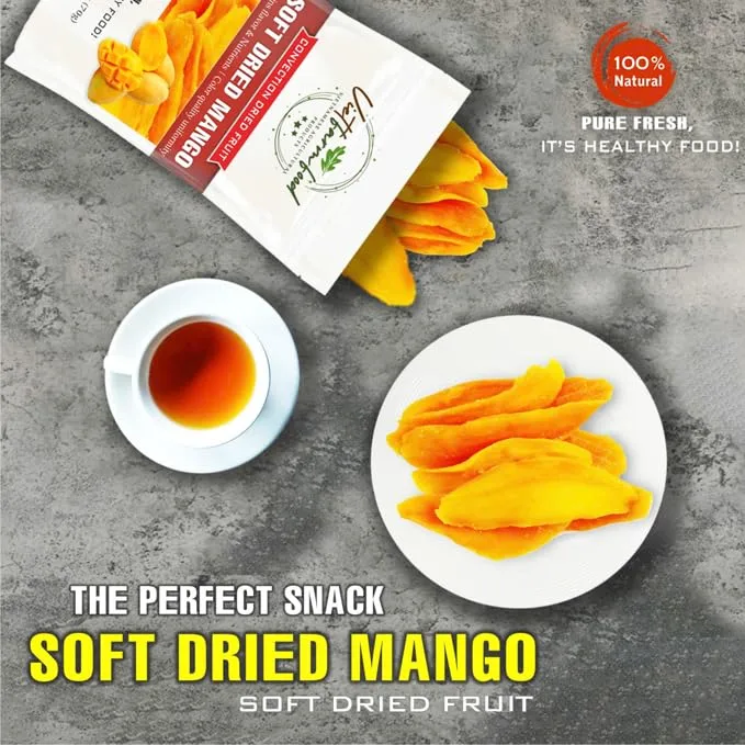 SOFT DRIED MANGO 5.29oz (150g) VIETFARMFOOD: Sweet and cool taste, characteristic fatty taste. Soft texture inside with crispy outer shell. A delicious, nutritious snack, suitable for all ages.