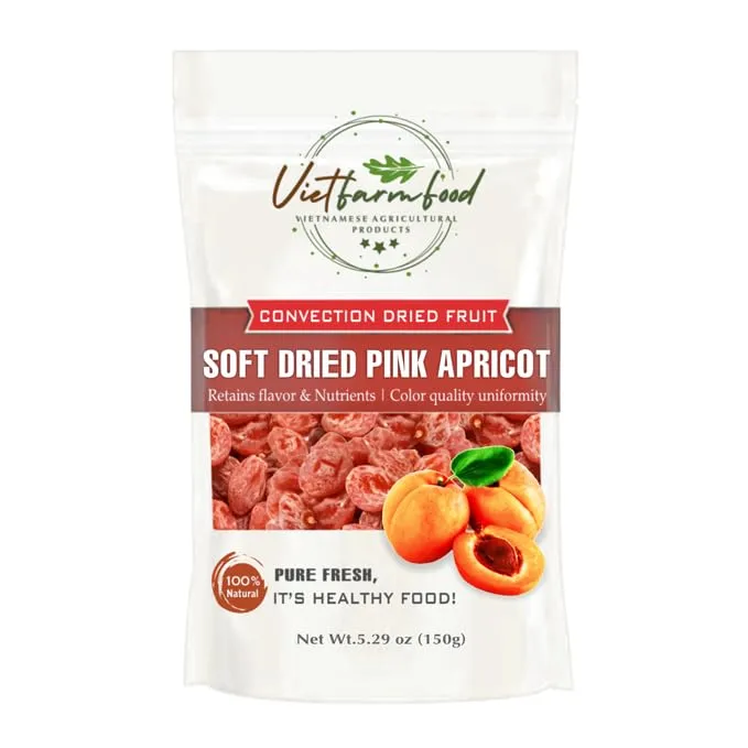 SOFT DRIED PINK APRICOT 5.29oz (150g) VIETFARMFOOD: Sweet and cool taste, characteristic fatty taste. Soft texture inside with crispy outer shell. A delicious, nutritious snack, suitable for all ages.
