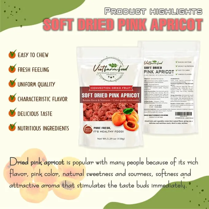 SOFT DRIED PINK APRICOT 5.29oz (150g) VIETFARMFOOD: Sweet and cool taste, characteristic fatty taste. Soft texture inside with crispy outer shell. A delicious, nutritious snack, suitable for all ages.