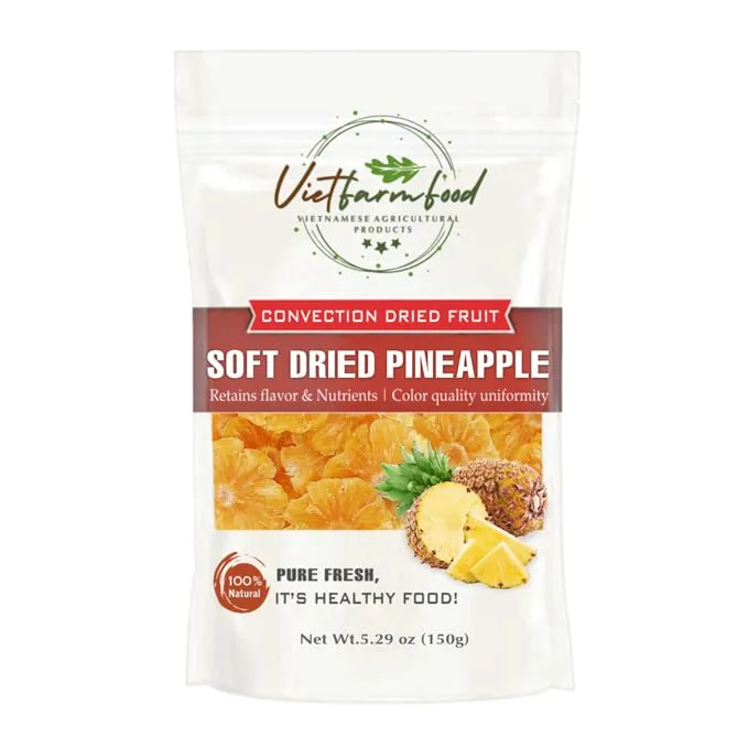 SOFT DRIED PINEAPPLE 5.29oz (150g) VIETFARMFOOD: Sweet and cool taste, characteristic fatty taste. Soft texture inside with crispy outer shell. A delicious, nutritious snack, suitable for all ages.