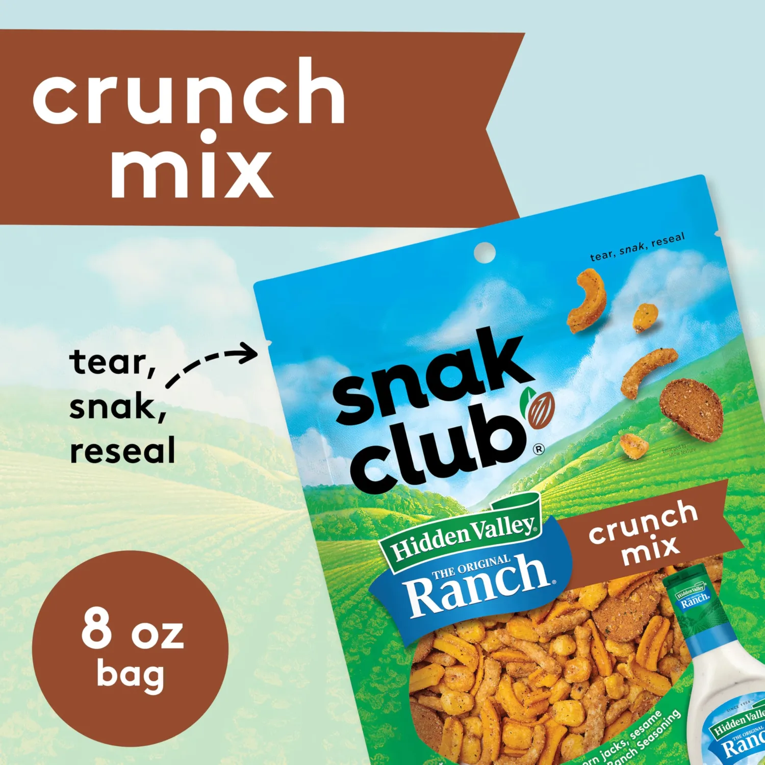 Snak Club Crunch Mix with Hidden Valley Ranch Seasoning, Toasted Corn, Chili Cheese Corn Jacks, Sesame Sticks, and Rye Chips, Kosher Snack, 8 oz Resealable Bag