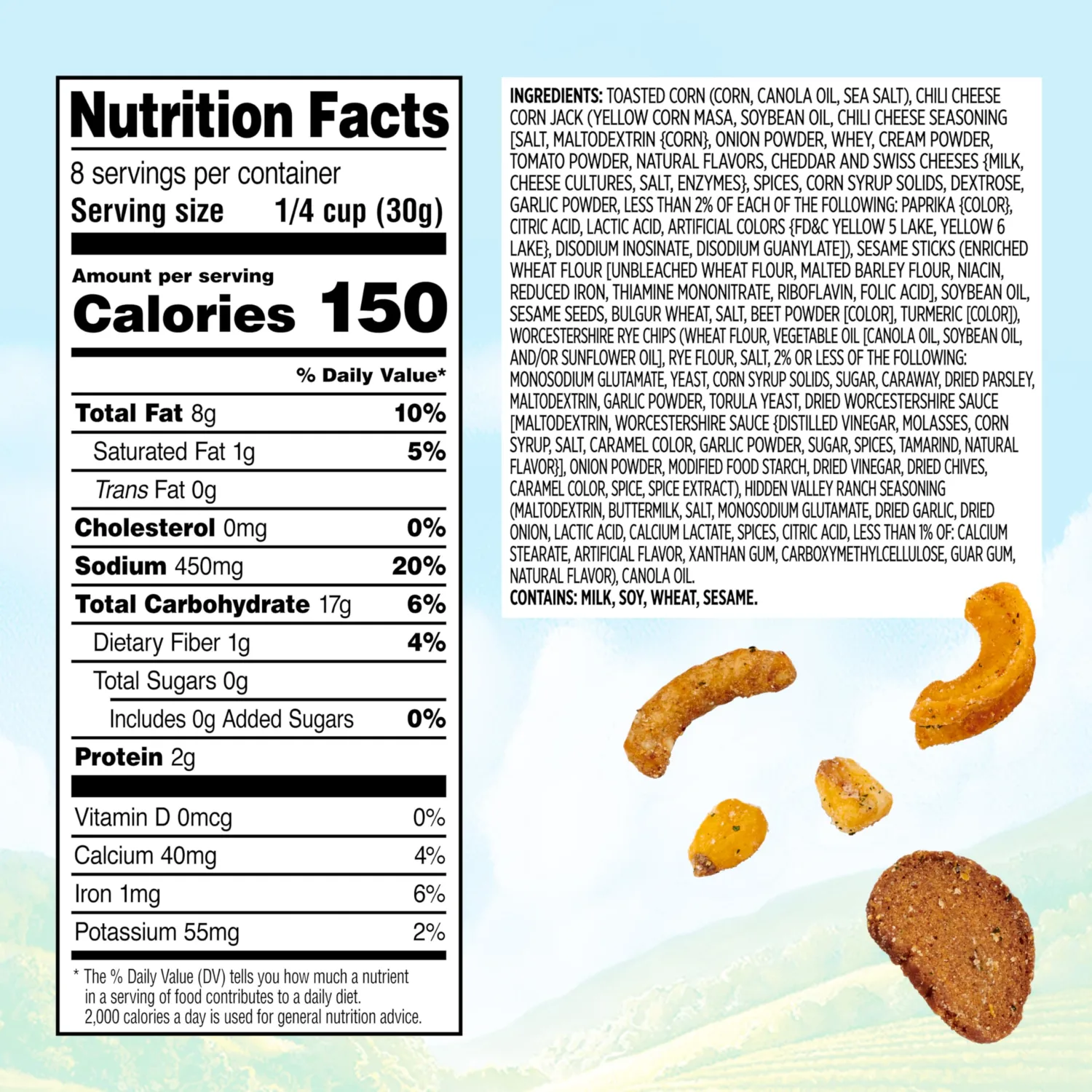 Snak Club Crunch Mix with Hidden Valley Ranch Seasoning, Toasted Corn, Chili Cheese Corn Jacks, Sesame Sticks, and Rye Chips, Kosher Snack, 8 oz Resealable Bag