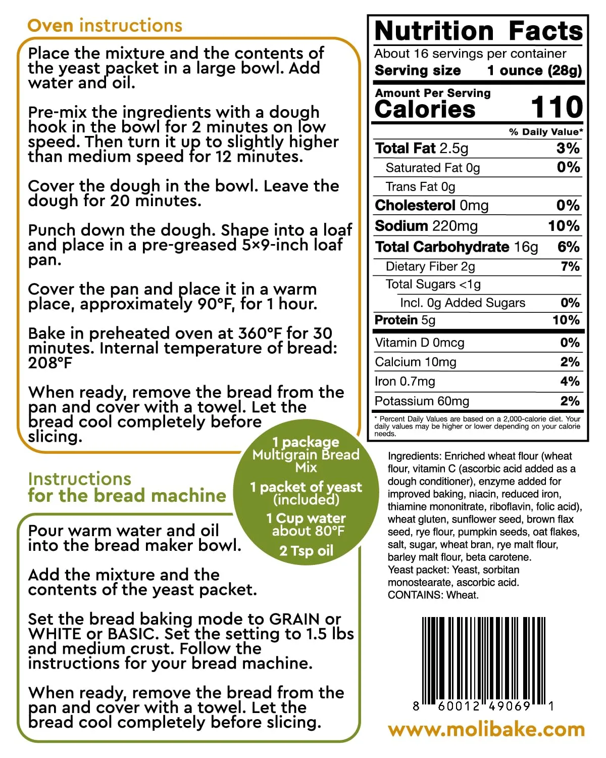 Molibake Multigrain Bread Mix – All-Natural Multigrain Bread Mix for Bread Machine and Oven - 15 oz