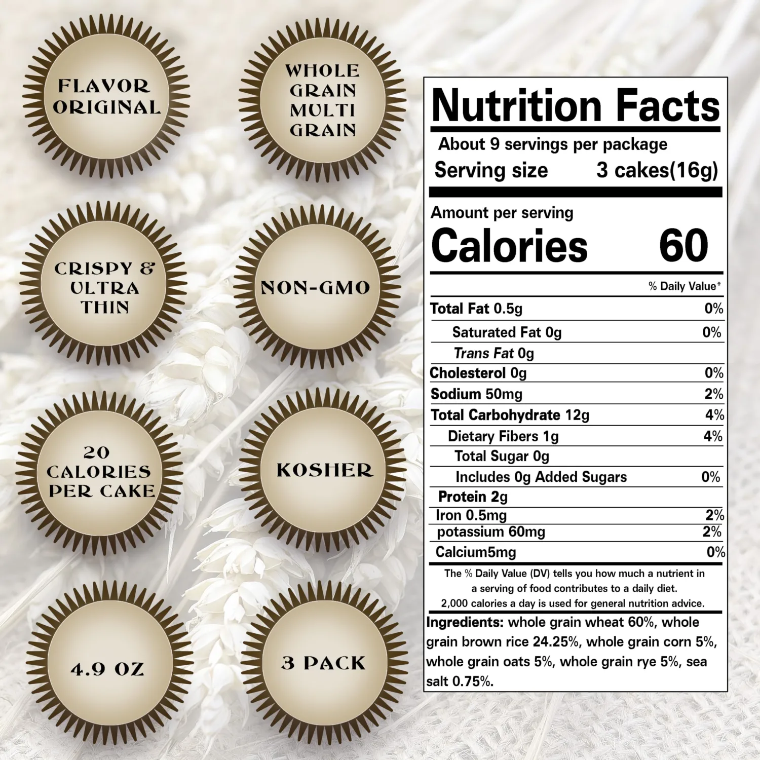 Ultra Thin Whole Grain Multigrain Squares Salted - Fat Free, Non GMO - Low Calorie Snacks - All Natural - Wholesome Mix of Wheat, Rice, Corn, Oats, Rye - 3 Pk/