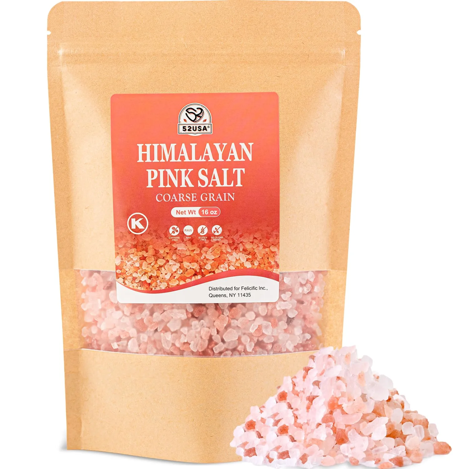 52USA Himalayan Pink Salt Coarse, Coarse Grain 1 lb, Pink Himalayan Sea Salt, Sea Salt for Grinder Refill, Himalayan Salt, Pink Salt, No Artificial Colors, No Additives, No Gluten, Kosher Certified