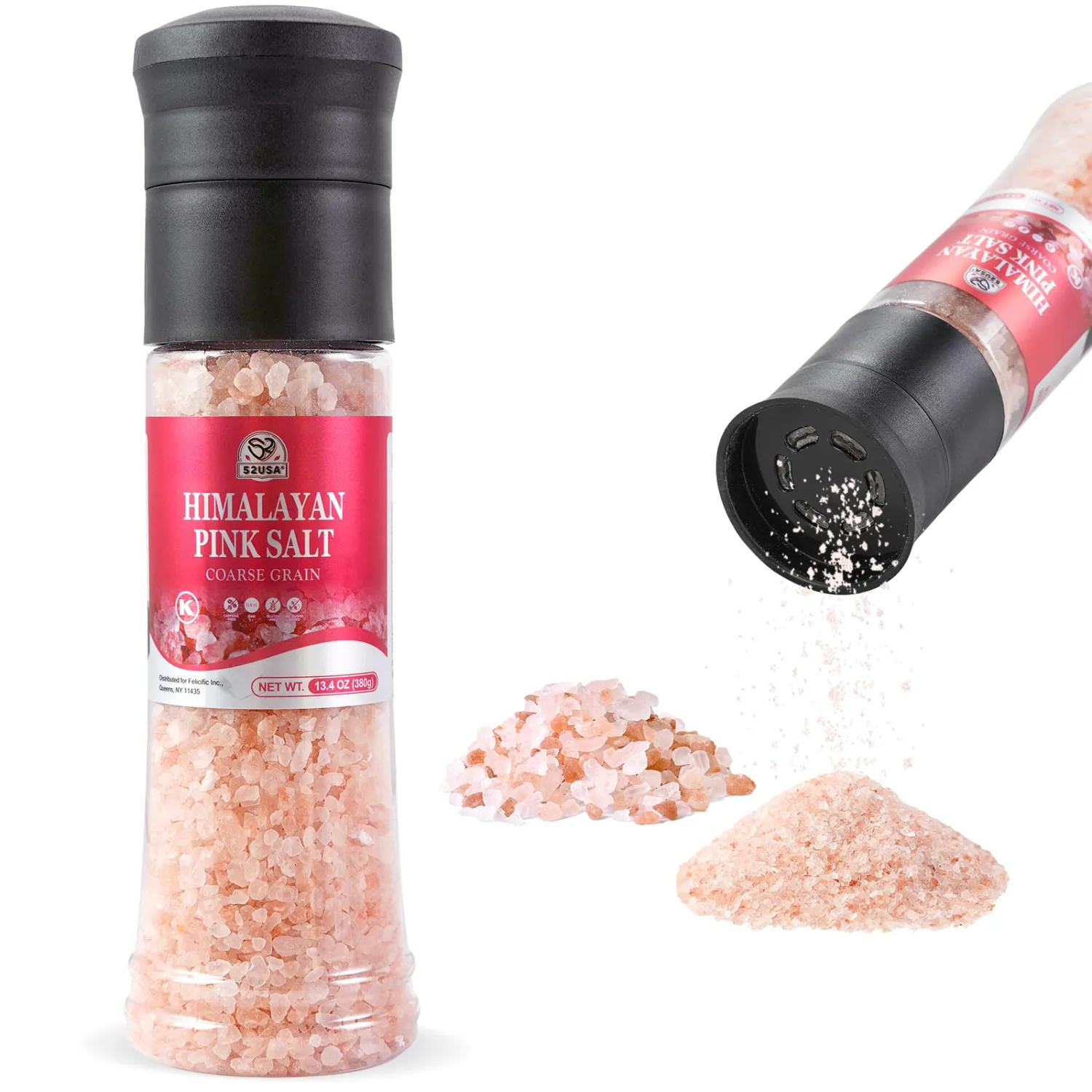 52USA Salt Grinder Set, Himalayan Pink Salt Coarse, 13.4 Oz (380g), Salt for Grinder Refill, Salt Shakers with Adjustable Coarse Mills