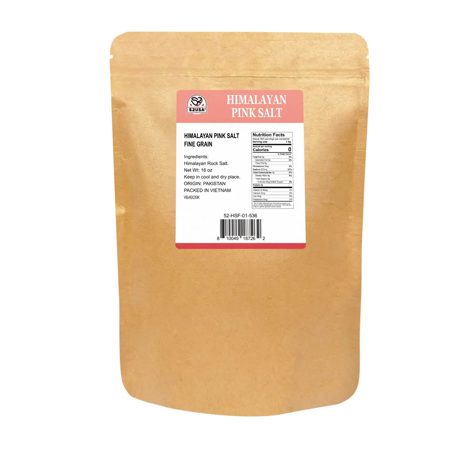 52USA Himalayan Pink Salt, Fine Grain 1 lb, Pink Himalayan Sea Salt, Salt for Grinder Refill, Kosher