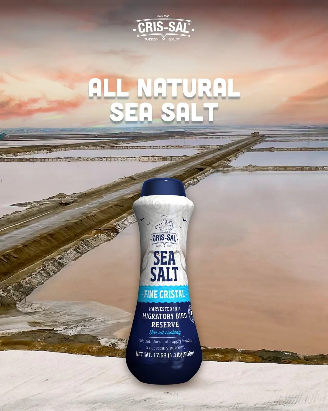 Cris-Sal Gourmet Fine Cristal Sea Salt, Full Flavor Premium Natural Grain, Great for Cooking, Table Seasoning Recipes, Pantry Friendly, 17.63 Oz