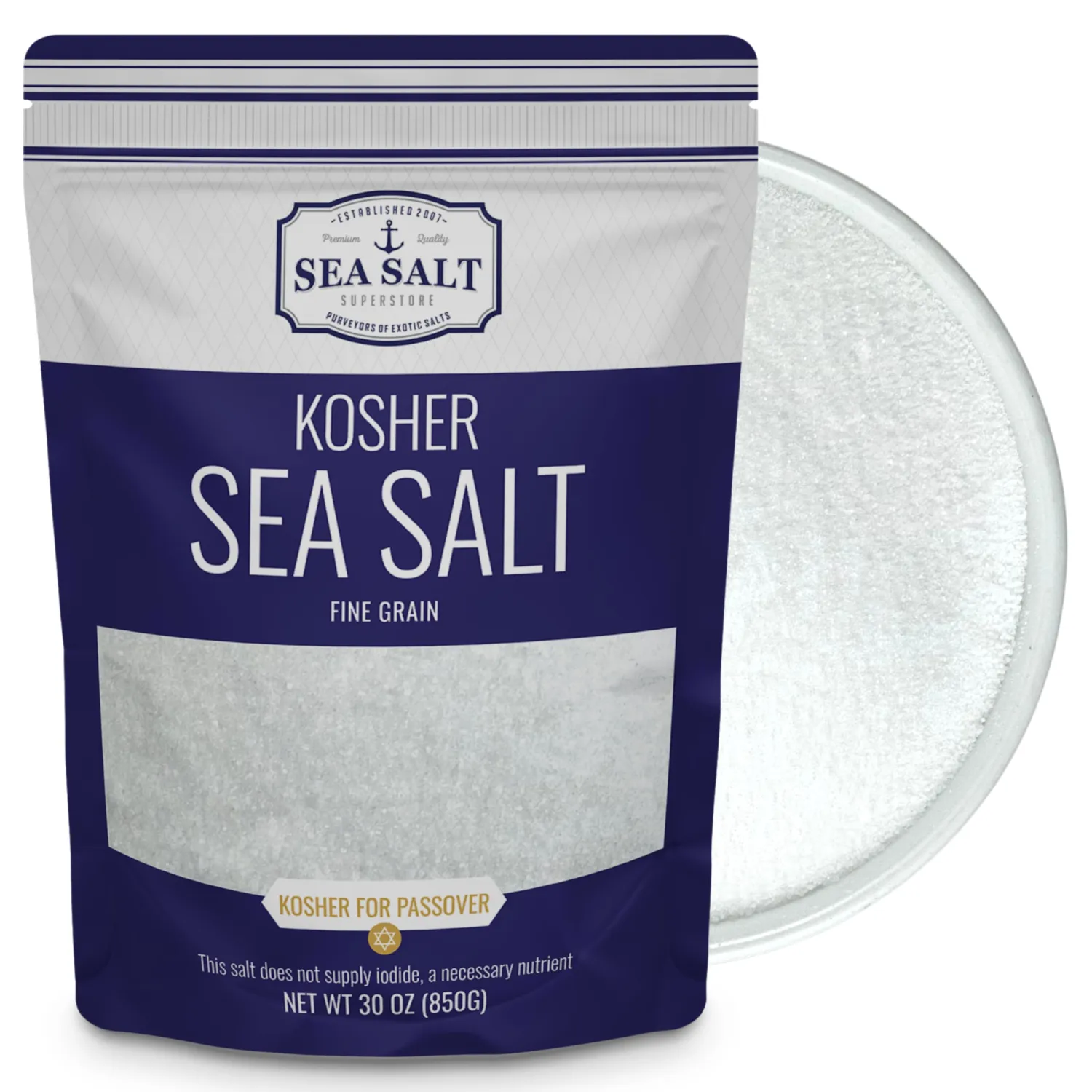 Kosher Sea Salt, Fine Grain Kosher Salt, Fine Salt Replacement for Table Salt, Non-Iodized & Natural Fine Sea Salt for Table Shakers, 30 oz Bag, Sea Salt Superstore