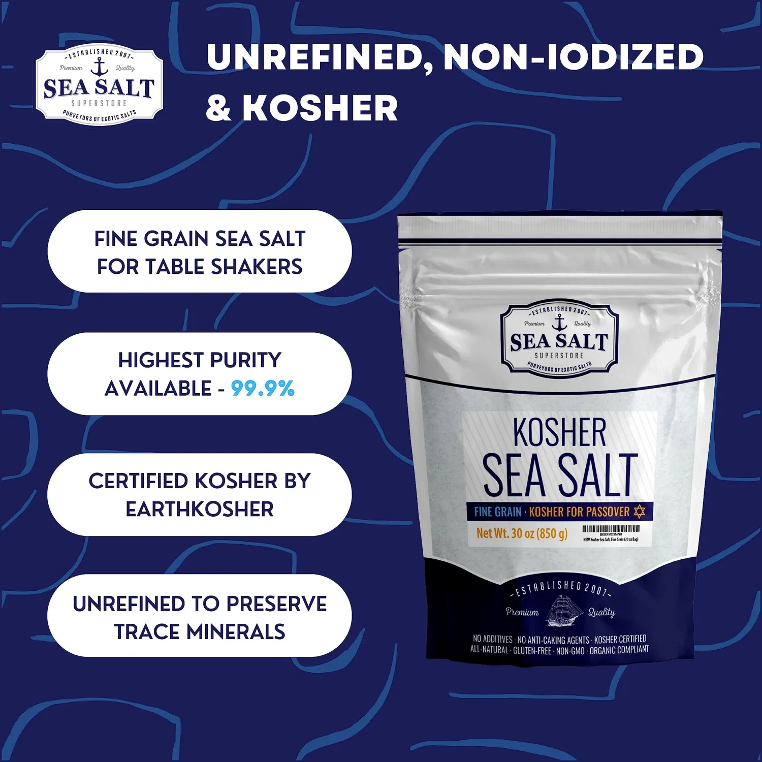 Kosher Sea Salt, Fine Grain Kosher Salt, Fine Salt Replacement for Table Salt, Non-Iodized & Natural Fine Sea Salt for Table Shakers, 30 oz Bag, Sea Salt Superstore