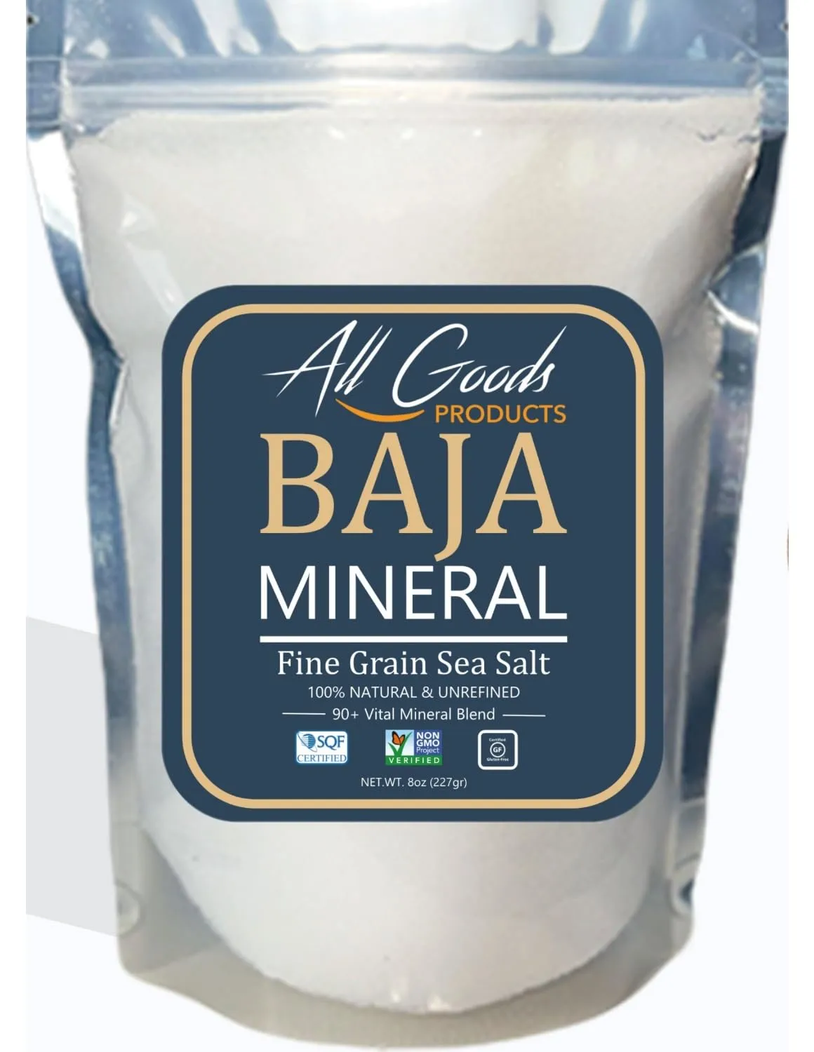 All Goods Products Baja Mineral Sea Salt – Fine Grain, 8 oz, 100% Natural, Hand-Harvested, Loaded with 90+ Essential Minerals, 30% Less Sodium, Kosher, Unrefined.