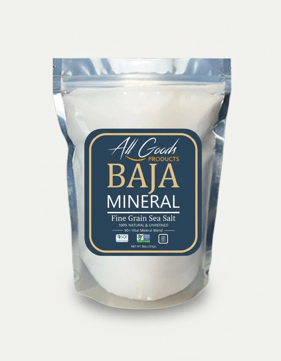 All Goods Products Baja Mineral Sea Salt – Fine Grain, 8 oz, 100% Natural, Hand-Harvested, Loaded with 90+ Essential Minerals, 30% Less Sodium, Kosher, Unrefined.