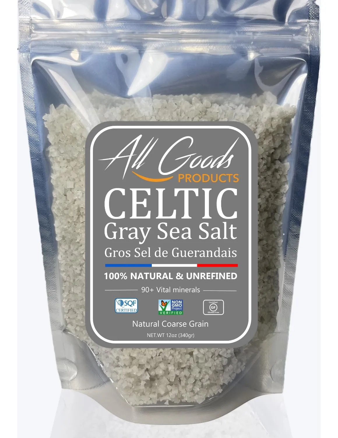 All Goods Mineral Celtic Salt – Coarse 12oz, 82 Minerals, French Gray, Hand-Harvested, Les Guérandais, Unrefined.