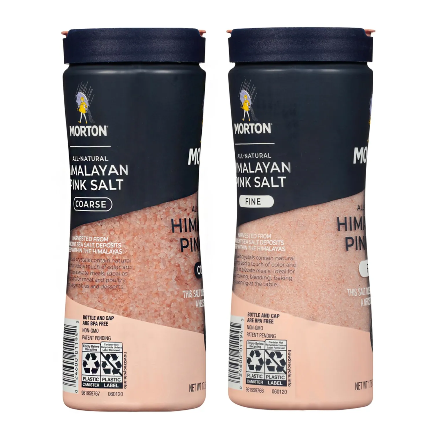 Morton Himalayan Pink Salt Set - Fine (17.6 oz) & Coarse (17.6 oz), All-Natural, Ideal for Baking, Blending, Cooking & Finishing, 2-Pack