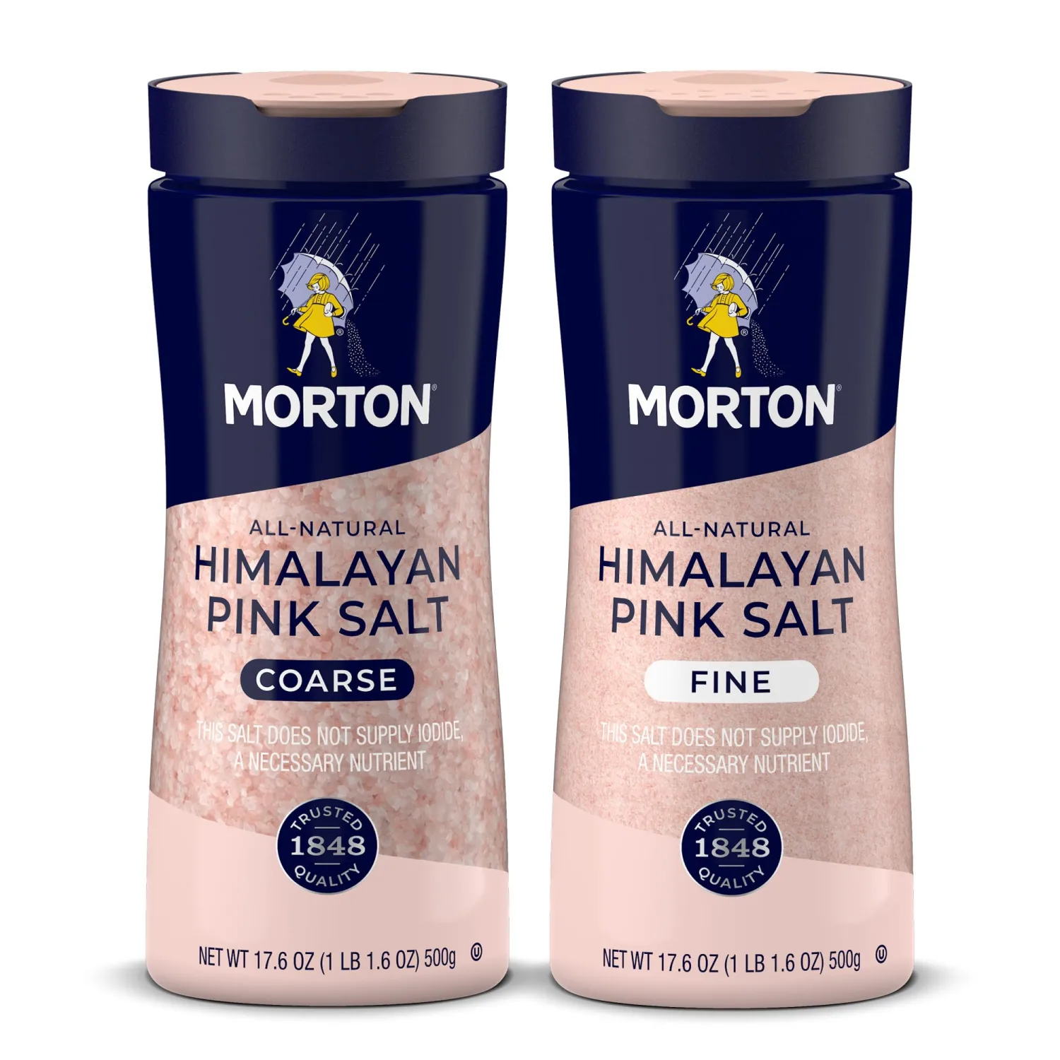 Morton Himalayan Pink Salt Set - Fine (17.6 oz) & Coarse (17.6 oz), All-Natural, Ideal for Baking, Blending, Cooking & Finishing, 2-Pack