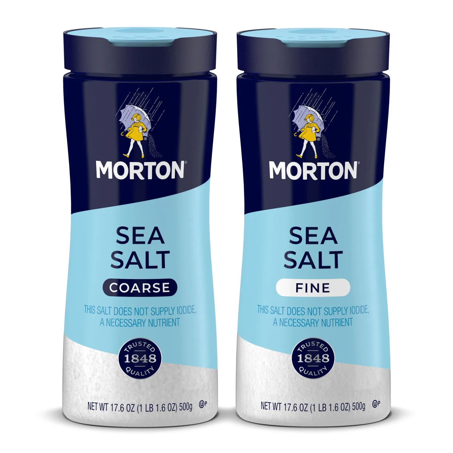 Morton Sea Salt Set, Fine (17.6 oz) & Coarse (17.6 oz), All-Natural, Ideal for Baking, Blending, Cooking & Finishing, 2-Pack