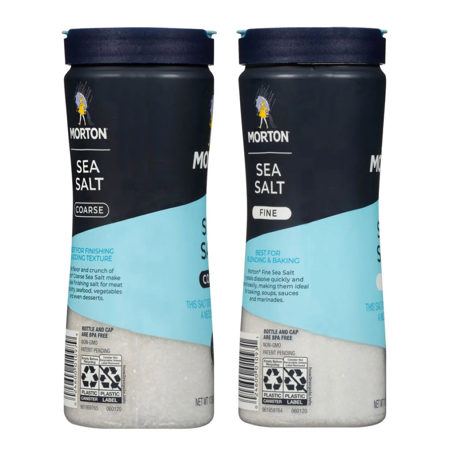 Morton Sea Salt Set, Fine (17.6 oz) & Coarse (17.6 oz), All-Natural, Ideal for Baking, Blending, Cooking & Finishing, 2-Pack