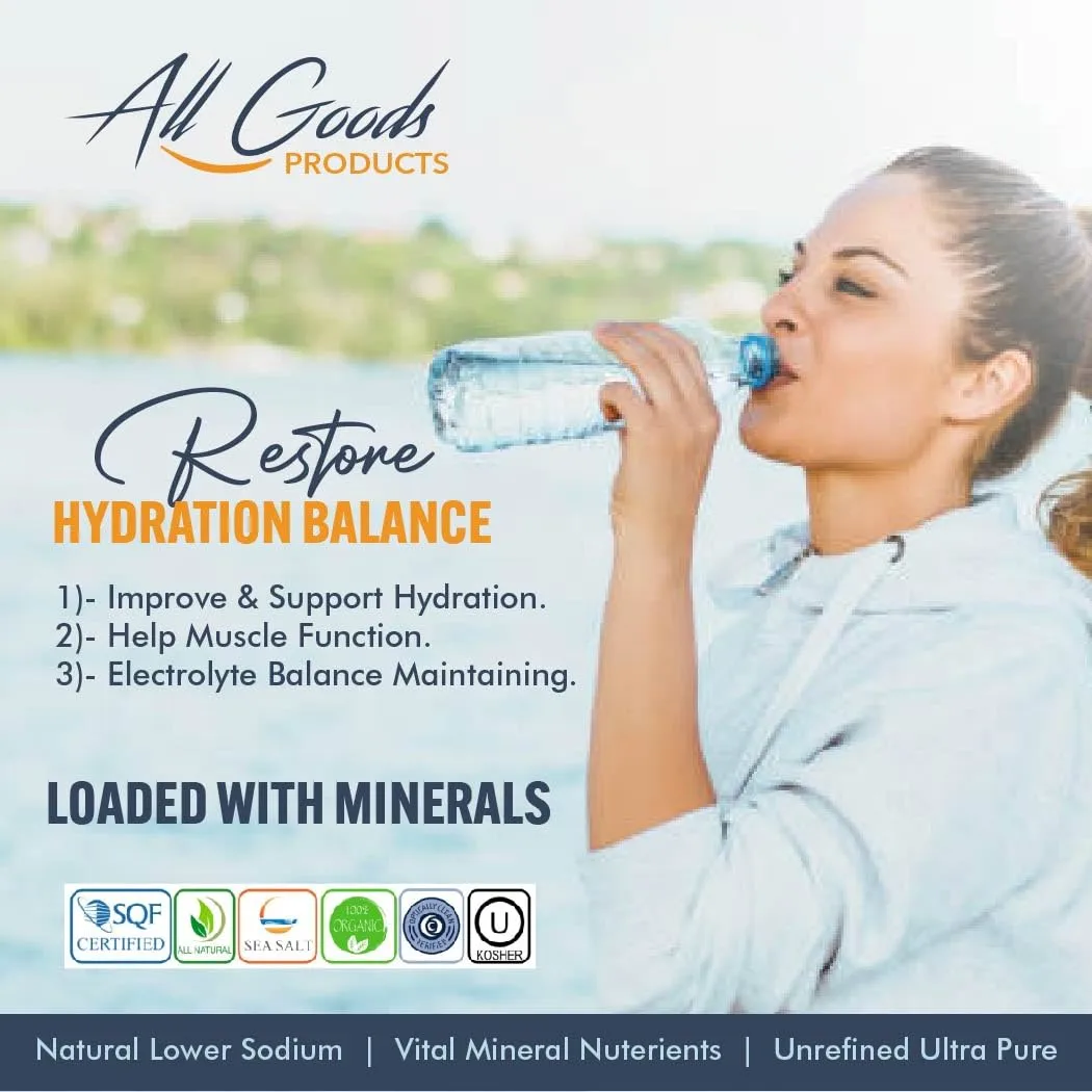 All Goods Products Baja Mineral Coarse Grain Sea Salt, 8 oz Natural Salt from Mexico, Unrefined, Hand-Harvested, Loaded With 72+ Essential Minerals, Kosher, 30% Low Sodium.