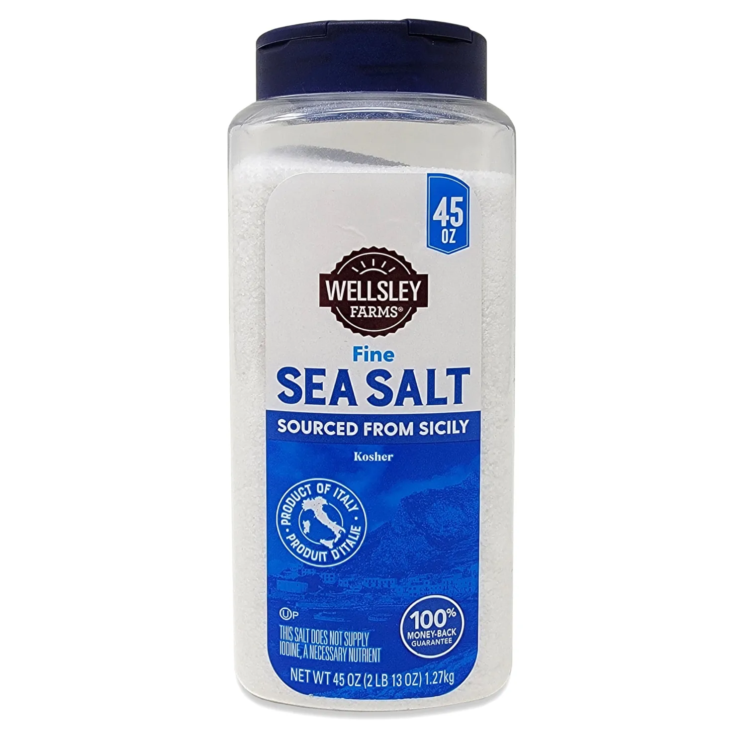 Wellsley Farms Sea Salt from Italy – Kosher, Premium, Hand-Harvested Natural Sicilian Mediterrean Sea Salt in a Versatile Culinary Shaker 45 ounces.